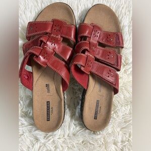 Clarks Red Sandals with Adjustable Straps and Contoured Footbed